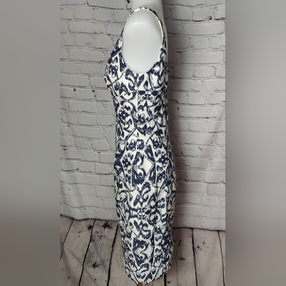 JayGodfrey V-Neck Midi Length Sheath Lined Blue & White Dress Size 4 - Picture 2 of 9